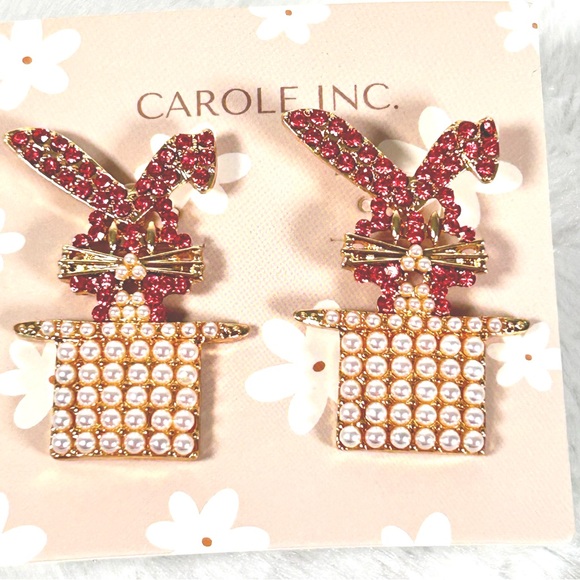 Carole Inc Bunny In Top Hat Earrings Pink Crystals White Seed Pearls Post NEW - Picture 4 of 4